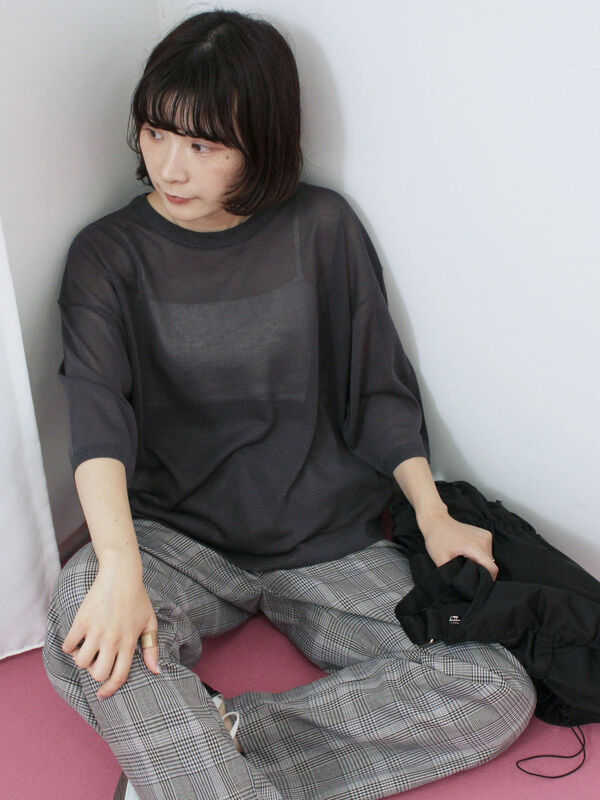 セール】 7分袖ラメニットプルオーバー（チャコールグレー/ボルドー