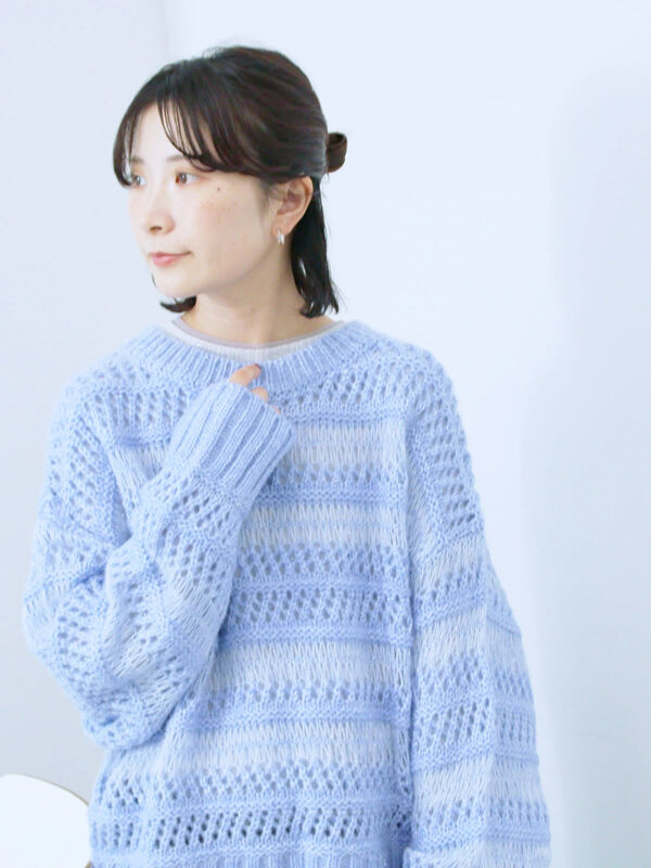 セール】 透かし柄ニットプルオーバー（チャコールグレー/ピンク