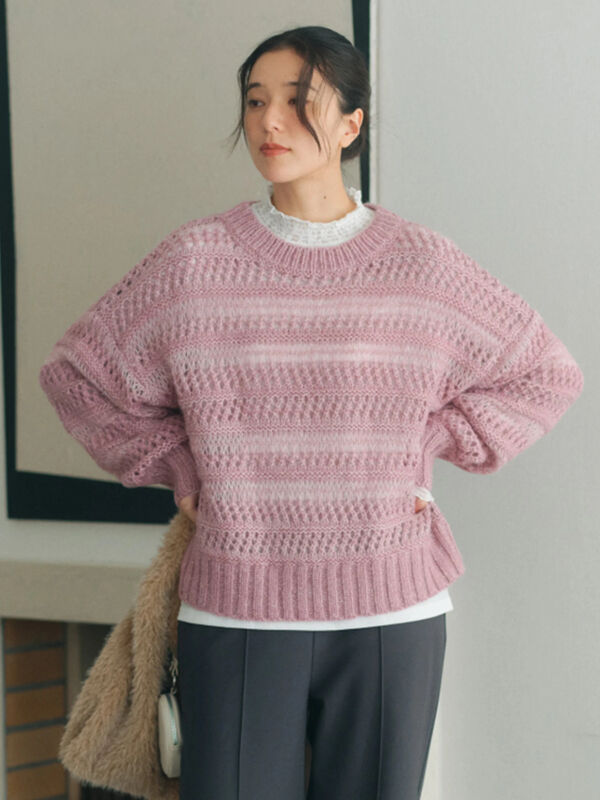 セール】 透かし柄ニットプルオーバー（チャコールグレー/ピンク