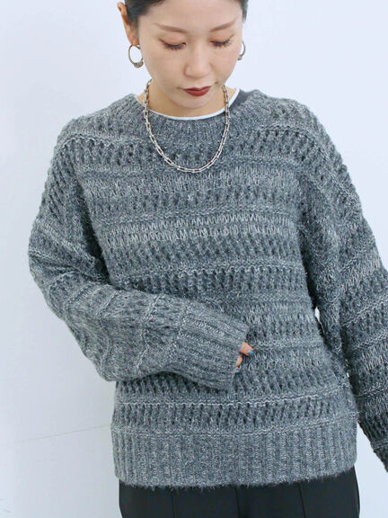 透かし柄ニットプルオーバー（チャコールグレー/ピンク/グリーン/サックスブルー/キナリ）｜Samansa Mos2 blue（サマンサモスモス ブルー）通販