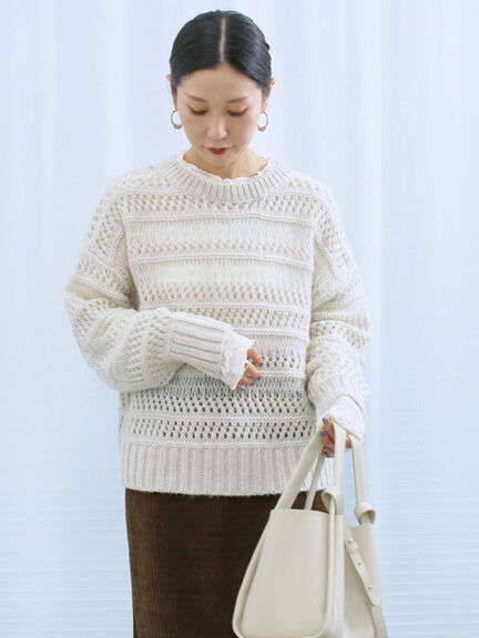 透かし柄ニットプルオーバー（チャコールグレー/ピンク/グリーン/サックスブルー/キナリ）｜Samansa Mos2 blue（サマンサモスモス ブルー）通販