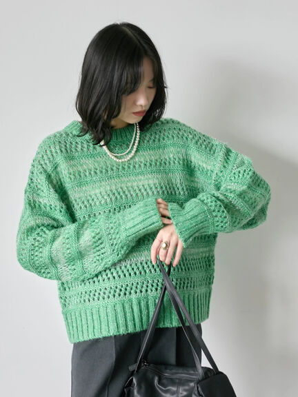 透かし柄ニットプルオーバー（チャコールグレー/ピンク/グリーン/サックスブルー/キナリ）｜Samansa Mos2 blue（サマンサモスモス ブルー）通販