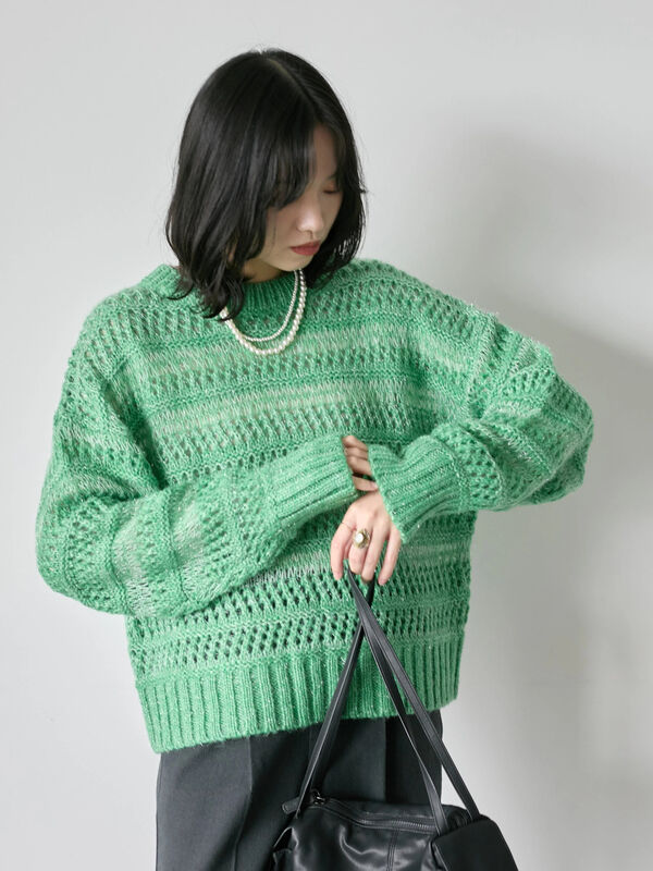 セール】 透かし柄ニットプルオーバー（チャコールグレー/ピンク