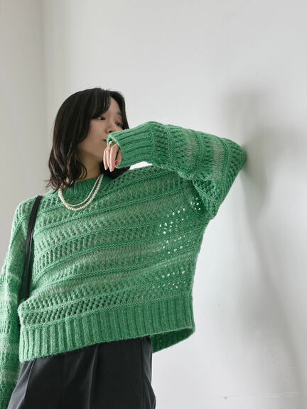 透かし柄ニットプルオーバー（チャコールグレー/ピンク/グリーン/サックスブルー/キナリ）｜Samansa Mos2 blue（サマンサモスモス ブルー）通販