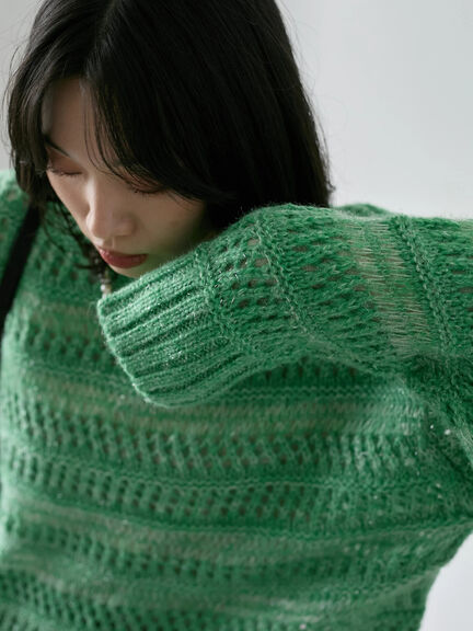 透かし柄ニットプルオーバー（チャコールグレー/ピンク/グリーン/サックスブルー/キナリ）｜Samansa Mos2 blue（サマンサモスモス ブルー）通販