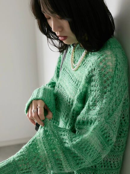 透かし柄ニットプルオーバー（チャコールグレー/ピンク/グリーン/サックスブルー/キナリ）｜Samansa Mos2 blue（サマンサモスモス ブルー）通販