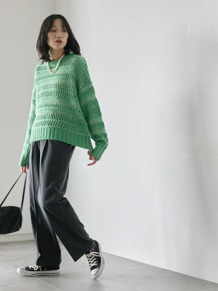 透かし柄ニットプルオーバー（チャコールグレー/ピンク/グリーン/サックスブルー/キナリ）｜Samansa Mos2 blue（サマンサモスモス ブルー）通販