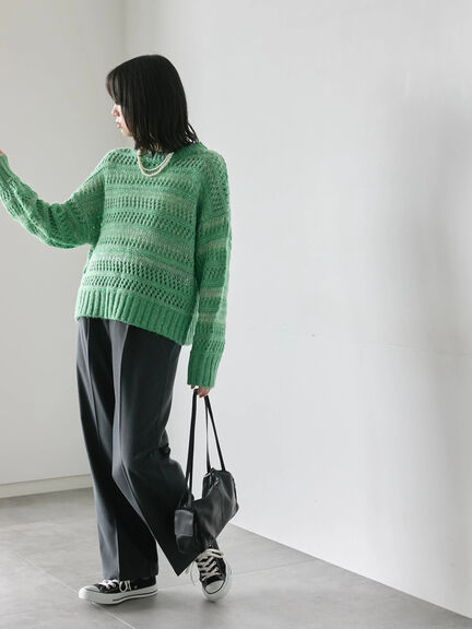 透かし柄ニットプルオーバー（チャコールグレー/ピンク/グリーン/サックスブルー/キナリ）｜Samansa Mos2 blue（サマンサモスモス ブルー）通販