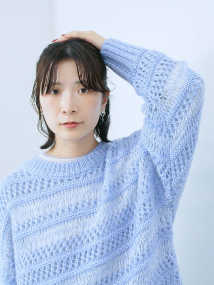 透かし柄ニットプルオーバー（チャコールグレー/ピンク/グリーン/サックスブルー/キナリ）｜Samansa Mos2 blue（サマンサモスモス ブルー）通販