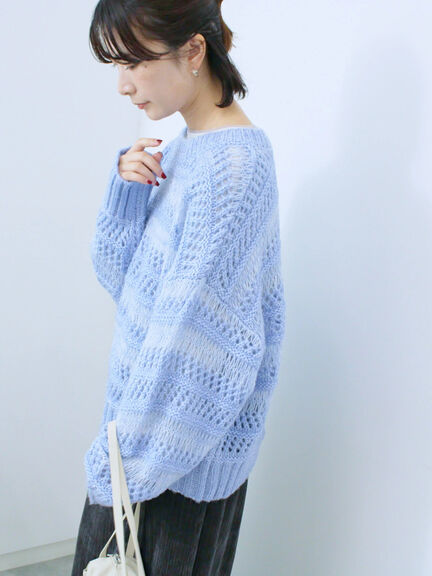 透かし柄ニットプルオーバー（チャコールグレー/ピンク/グリーン/サックスブルー/キナリ）｜Samansa Mos2 blue（サマンサモスモス ブルー）通販