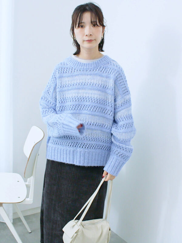 セール】 透かし柄ニットプルオーバー（チャコールグレー/ピンク