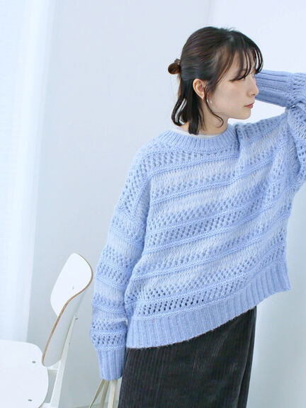 透かし柄ニットプルオーバー（チャコールグレー/ピンク/グリーン/サックスブルー/キナリ）｜Samansa Mos2 blue（サマンサモスモス ブルー）通販
