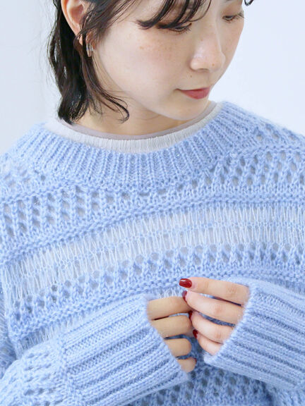 透かし柄ニットプルオーバー（チャコールグレー/ピンク/グリーン/サックスブルー/キナリ）｜Samansa Mos2 blue（サマンサモスモス ブルー）通販