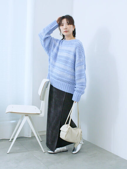 透かし柄ニットプルオーバー（チャコールグレー/ピンク/グリーン/サックスブルー/キナリ）｜Samansa Mos2 blue（サマンサモスモス ブルー）通販