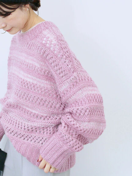 透かし柄ニットプルオーバー（チャコールグレー/ピンク/グリーン/サックスブルー/キナリ）｜Samansa Mos2 blue（サマンサモスモス ブルー）通販