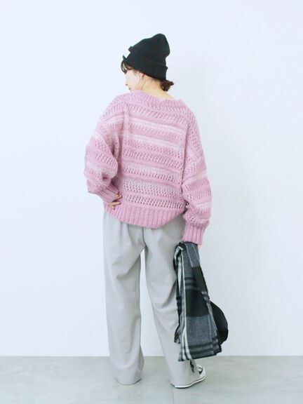 透かし柄ニットプルオーバー（チャコールグレー/ピンク/グリーン/サックスブルー/キナリ）｜Samansa Mos2 blue（サマンサモスモス ブルー）通販