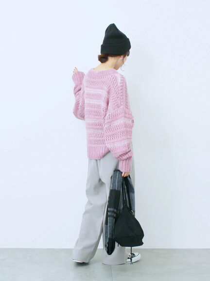 透かし柄ニットプルオーバー（チャコールグレー/ピンク/グリーン/サックスブルー/キナリ）｜Samansa Mos2 blue（サマンサモスモス ブルー）通販