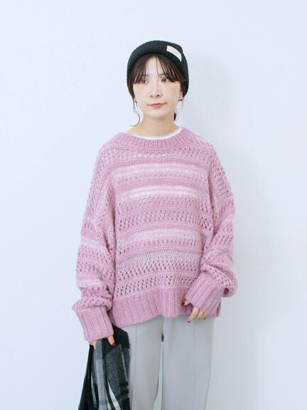 透かし柄ニットプルオーバー（チャコールグレー/ピンク/グリーン/サックスブルー/キナリ）｜Samansa Mos2 blue（サマンサモスモス ブルー）通販