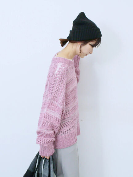 透かし柄ニットプルオーバー（チャコールグレー/ピンク/グリーン/サックスブルー/キナリ）｜Samansa Mos2 blue（サマンサモスモス ブルー）通販