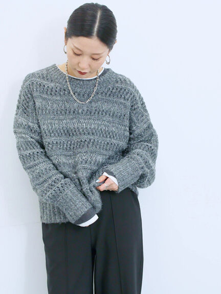 透かし柄ニットプルオーバー（チャコールグレー/ピンク/グリーン/サックスブルー/キナリ）｜Samansa Mos2 blue（サマンサモスモス ブルー）通販