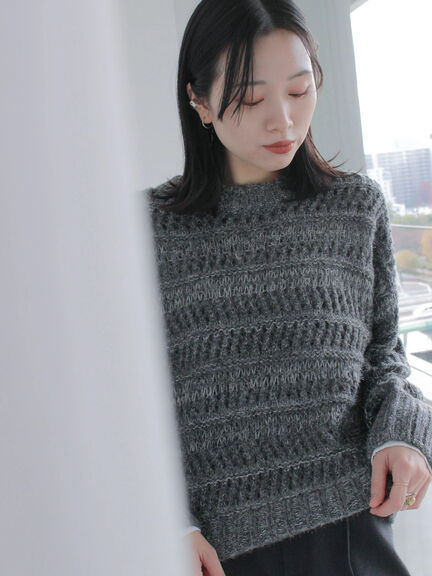 透かし柄ニットプルオーバー（チャコールグレー/ピンク/グリーン/サックスブルー/キナリ）｜Samansa Mos2 blue（サマンサモスモス ブルー）通販