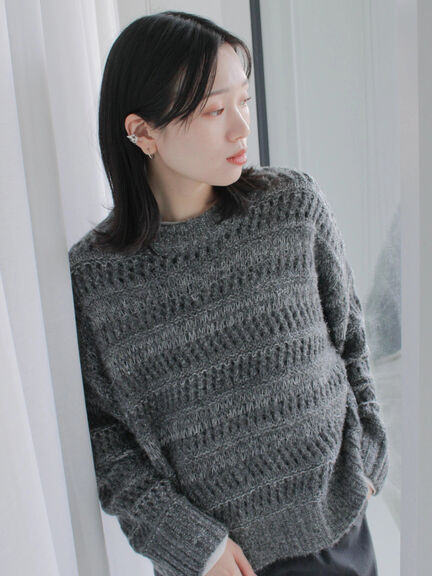 透かし柄ニットプルオーバー（チャコールグレー/ピンク/グリーン/サックスブルー/キナリ）｜Samansa Mos2 blue（サマンサモスモス ブルー）通販