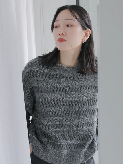 透かし柄ニットプルオーバー（チャコールグレー/ピンク/グリーン/サックスブルー/キナリ）｜Samansa Mos2 blue（サマンサモスモス ブルー）通販