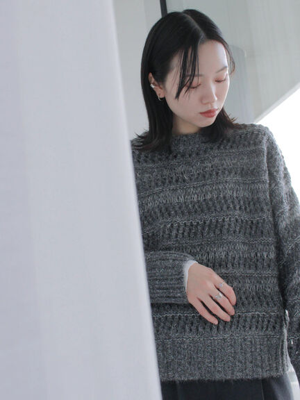 透かし柄ニットプルオーバー（チャコールグレー/ピンク/グリーン/サックスブルー/キナリ）｜Samansa Mos2 blue（サマンサモスモス ブルー）通販