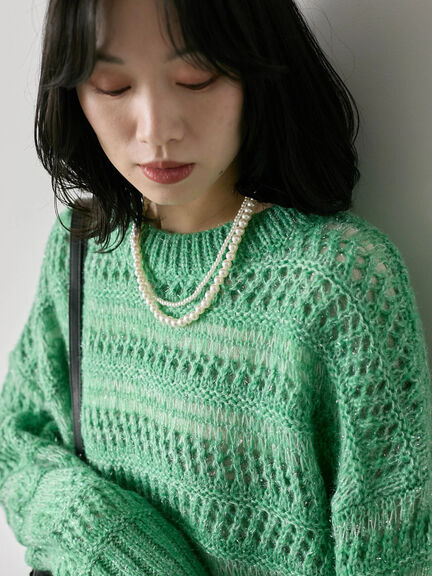 透かし柄ニットプルオーバー（チャコールグレー/ピンク/グリーン/サックスブルー/キナリ）｜Samansa Mos2 blue（サマンサモスモス ブルー）通販