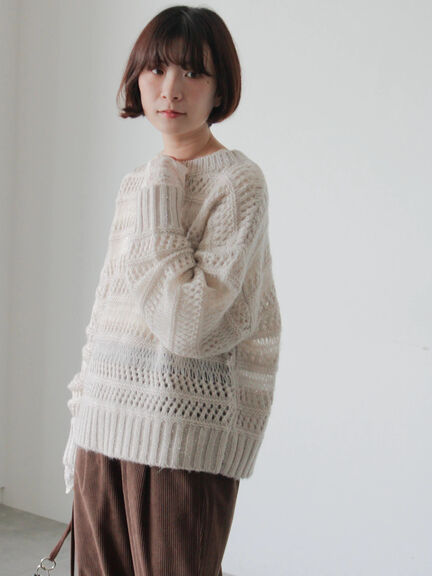 透かし柄ニットプルオーバー（チャコールグレー/ピンク/グリーン/サックスブルー/キナリ）｜Samansa Mos2 blue（サマンサモスモス ブルー）通販