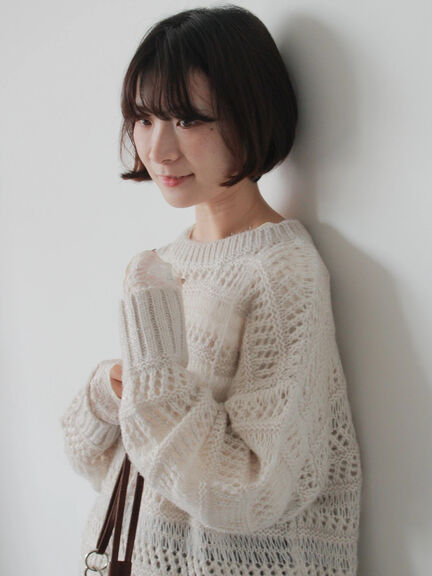 透かし柄ニットプルオーバー（チャコールグレー/ピンク/グリーン/サックスブルー/キナリ）｜Samansa Mos2 blue（サマンサモスモス ブルー）通販