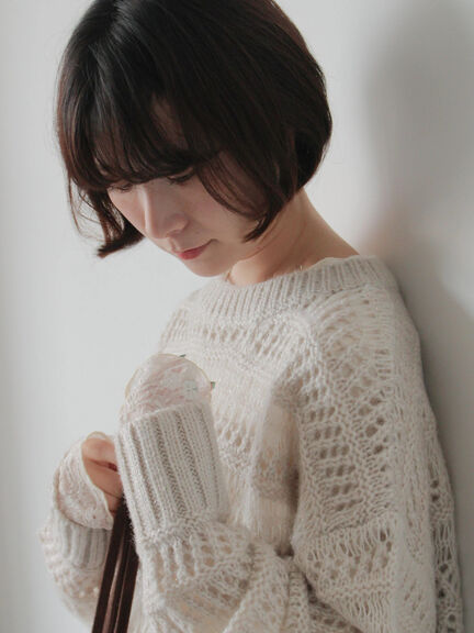 透かし柄ニットプルオーバー（チャコールグレー/ピンク/グリーン/サックスブルー/キナリ）｜Samansa Mos2 blue（サマンサモスモス ブルー）通販