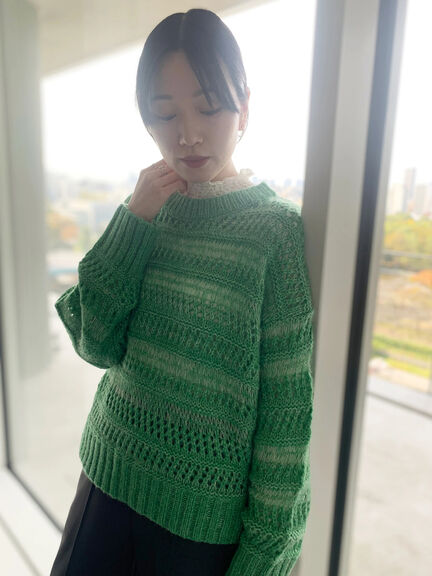 透かし柄ニットプルオーバー（チャコールグレー/ピンク/グリーン/サックスブルー/キナリ）｜Samansa Mos2 blue（サマンサモスモス ブルー）通販