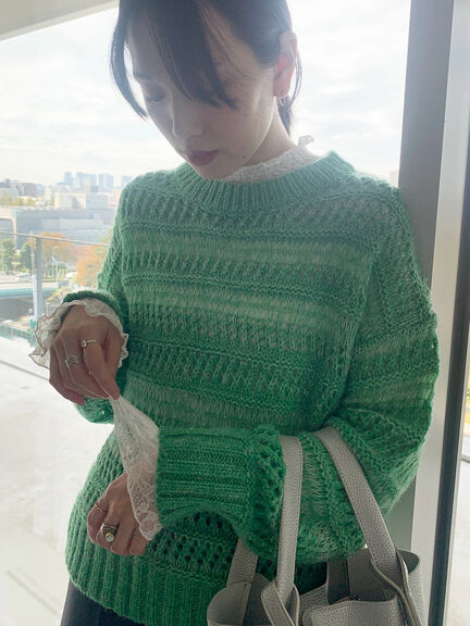 透かし柄ニットプルオーバー（チャコールグレー/ピンク/グリーン/サックスブルー/キナリ）｜Samansa Mos2 blue（サマンサモスモス ブルー）通販