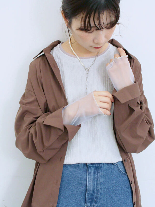 セール】 膨れジャガード袖チュールプルオーバー（オフホワイト