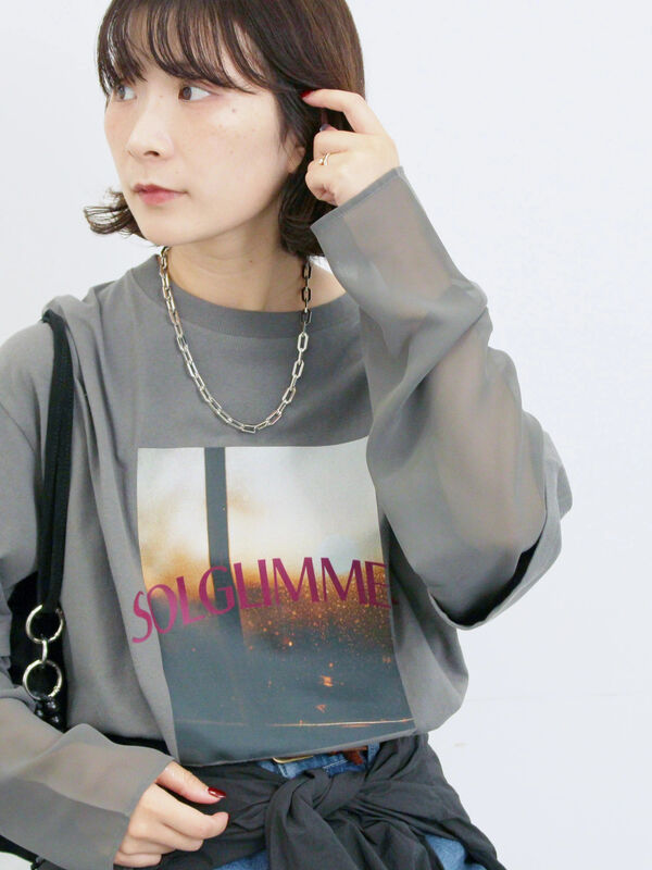 袖シフォンレイヤードプルオーバー（オフホワイト/チャコールグレー/ブラック）｜Samansa Mos2 blue（サマンサモスモス ブルー）通販