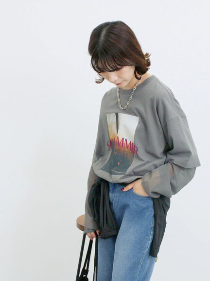 袖シフォンレイヤードプルオーバー（オフホワイト/チャコールグレー/ブラック）｜Samansa Mos2 blue（サマンサモスモス ブルー）通販