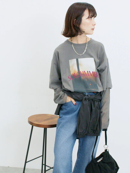 袖シフォンレイヤードプルオーバー（オフホワイト/チャコールグレー/ブラック）｜Samansa Mos2 blue（サマンサモスモス ブルー）通販