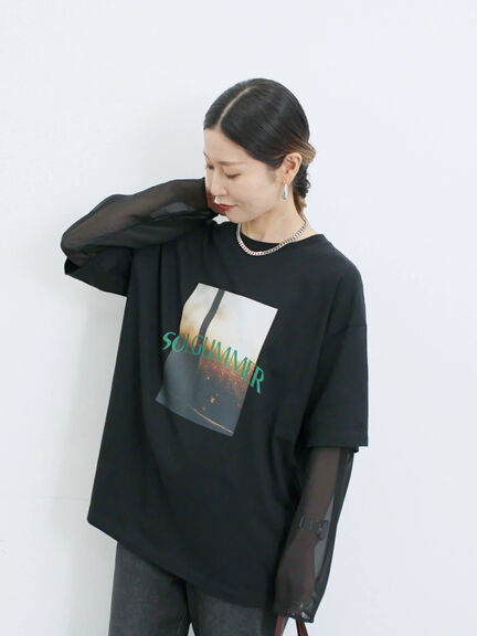 袖シフォンレイヤードプルオーバー（オフホワイト/チャコールグレー/ブラック）｜Samansa Mos2 blue（サマンサモスモス ブルー）通販