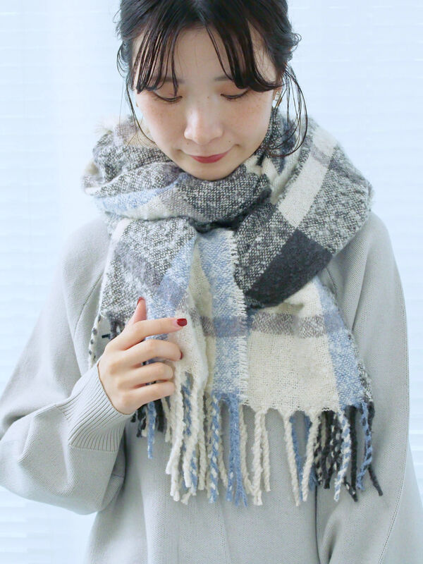 beautiful people モヘアマフラー グレー・青・白チェック beautiful people モヘアマフラー グレー・青・白チェック beautiful
