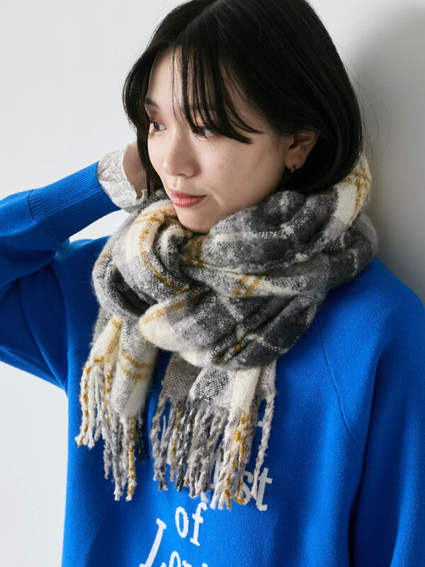 セール】 ブークレチェックマフラー（イエロー/グリーン/サックス