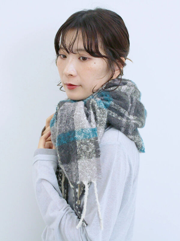 ブークレチェックマフラー（イエロー/グリーン/サックスブルー