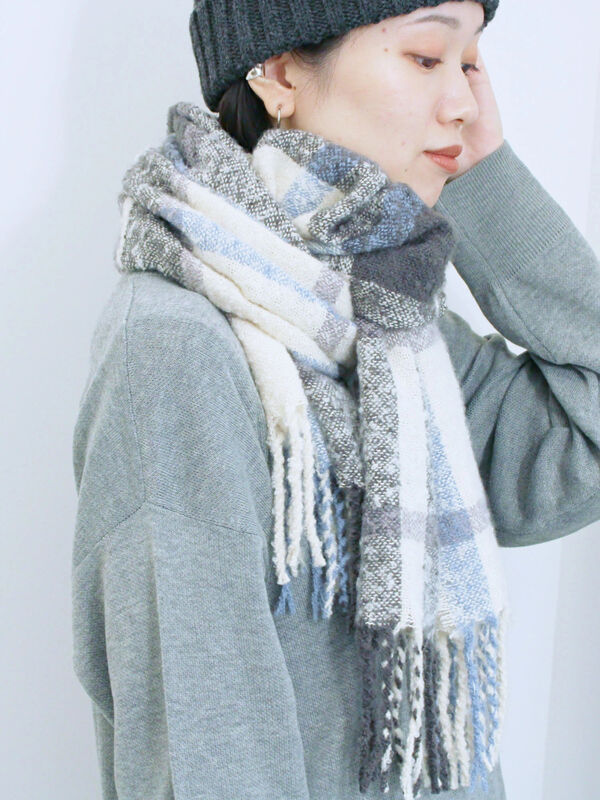 セール】 ブークレチェックマフラー（イエロー/グリーン/サックス