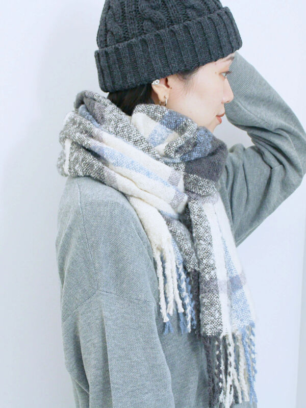 ブークレチェックマフラー（イエロー/グリーン/サックスブルー