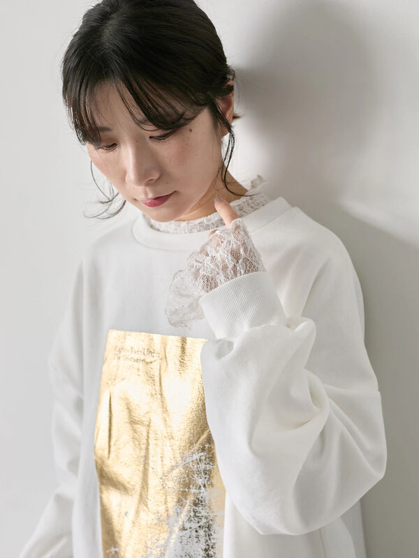 セール】 衿袖チュールハイネックプルオーバー（オフホワイト