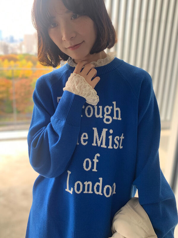 衿袖チュールハイネックプルオーバー（オフホワイト/チャコールグレー