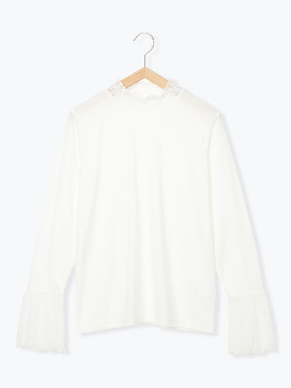 衿袖チュールハイネックプルオーバー（オフホワイト/チャコールグレー