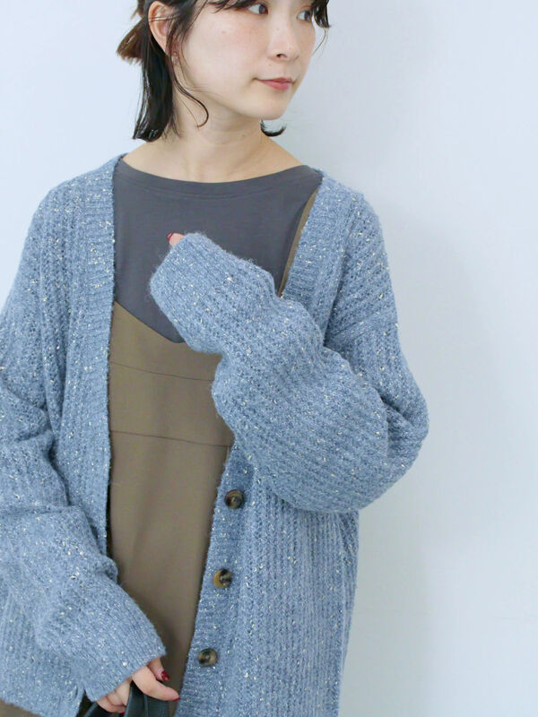 セール】 ラメニットVネックカーディガン（チャコールグレー/ライト