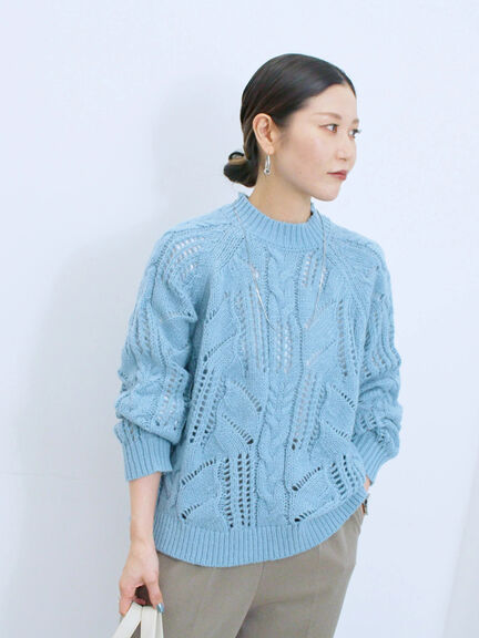 透かしケーブルニットプルオーバー（オフホワイト/チャコールグレー/サックスブルー）｜Samansa Mos2 blue（サマンサモスモス ブルー）通販