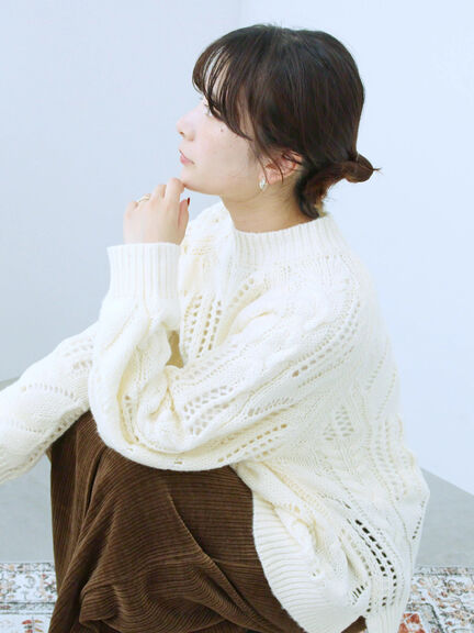 透かしケーブルニットプルオーバー（オフホワイト/チャコールグレー/サックスブルー）｜Samansa Mos2 blue（サマンサモスモス ブルー）通販